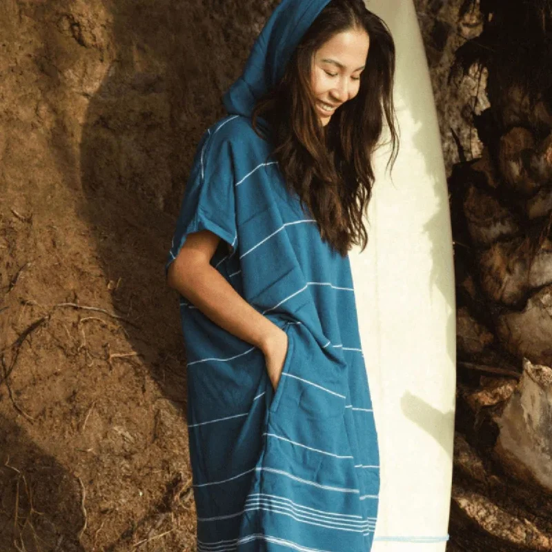 Sand Cloud Classic Stripe Hooded Poncho in Teal Blue Hoodie with Batwing Sleeves Loose Dramatic Sand Cloud Classic Stripe Hooded Poncho in Teal Blue Hoodie with Batwing Sleeves Loose Dramatic