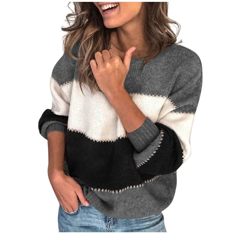 DressBetty - Women Stitching Color Stripe O-Neck Sweater Long-Sleeved Knitted Pullover Top Ladies FallWinter Casual Sweatshirt Top Sweater Hoodie with Belted Waist Structured Tailored DressBetty - Women Stitching Color Stripe O-Neck Sweater Long-Sleeved Knitted Pullover Top Ladies FallWinter Casual Sweatshirt Top Sweater Hoodie with Belted Waist Structured Tailored