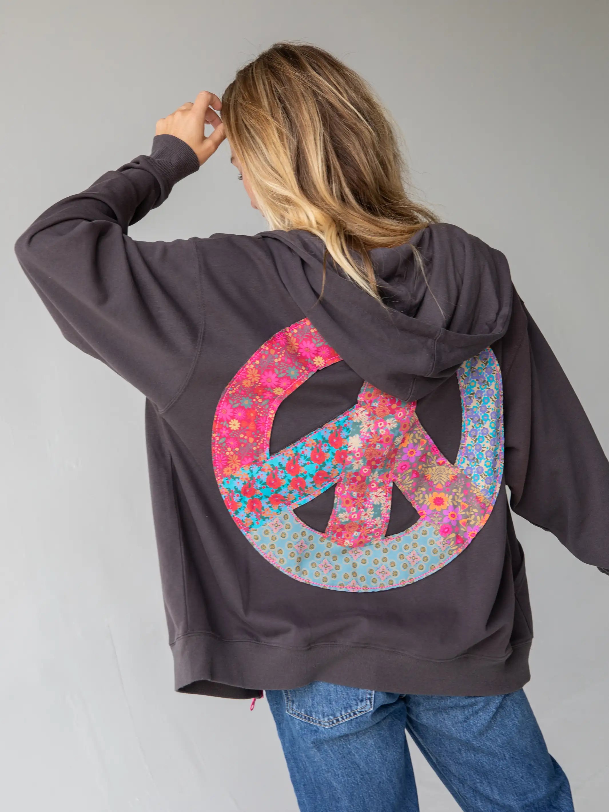 Applique Zip-Up Hoodie - Charcoal Peace Hoodie with Emblem Brand Identity
