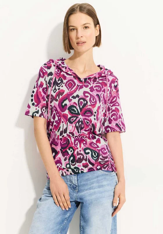 Cecil Hooded Print T-Shirt, Bloomy Pink Hoodie with Cropped Fit Short Trendy
