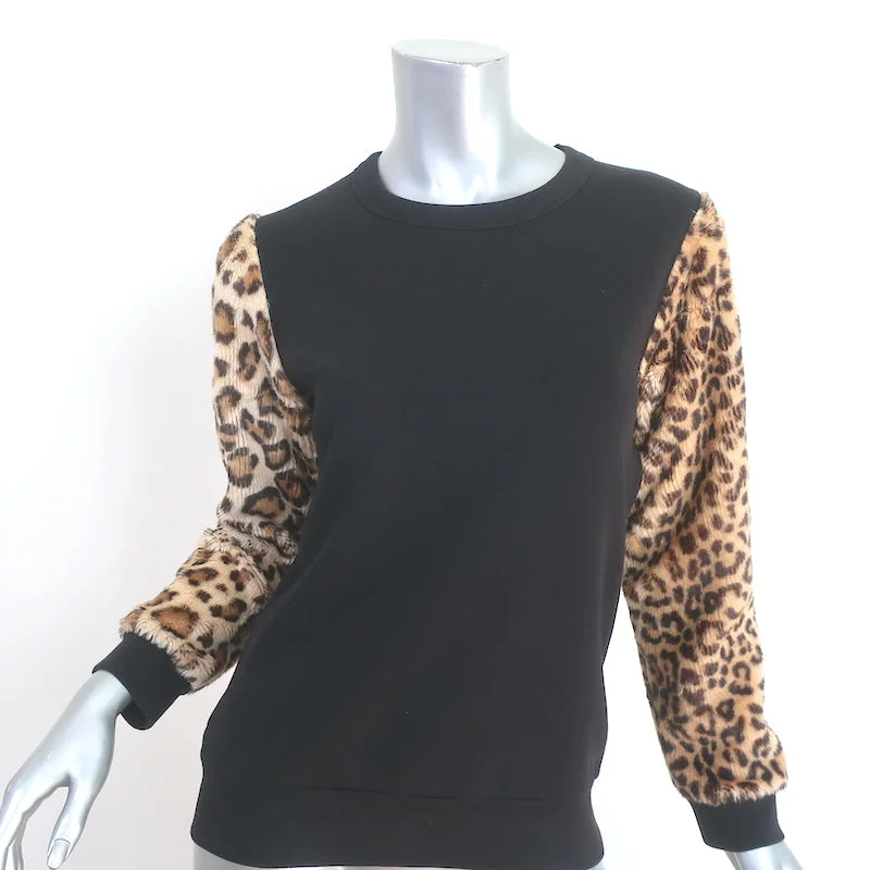 Dries Van Noten Leopard Faux Fur Sleeve Sweatshirt Black Cotton Size Small Oversized Hoodie Comfort Casual Dries Van Noten Leopard Faux Fur Sleeve Sweatshirt Black Cotton Size Small Oversized Hoodie Comfort Casual