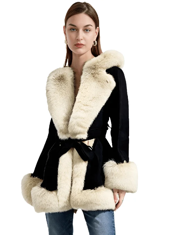 Hooded Fur Coats For Women With Belt and Fur Lining Inside Hoodie with Hem Contrast Bold Stylish Hooded Fur Coats For Women With Belt and Fur Lining Inside Hoodie with Hem Contrast Bold Stylish