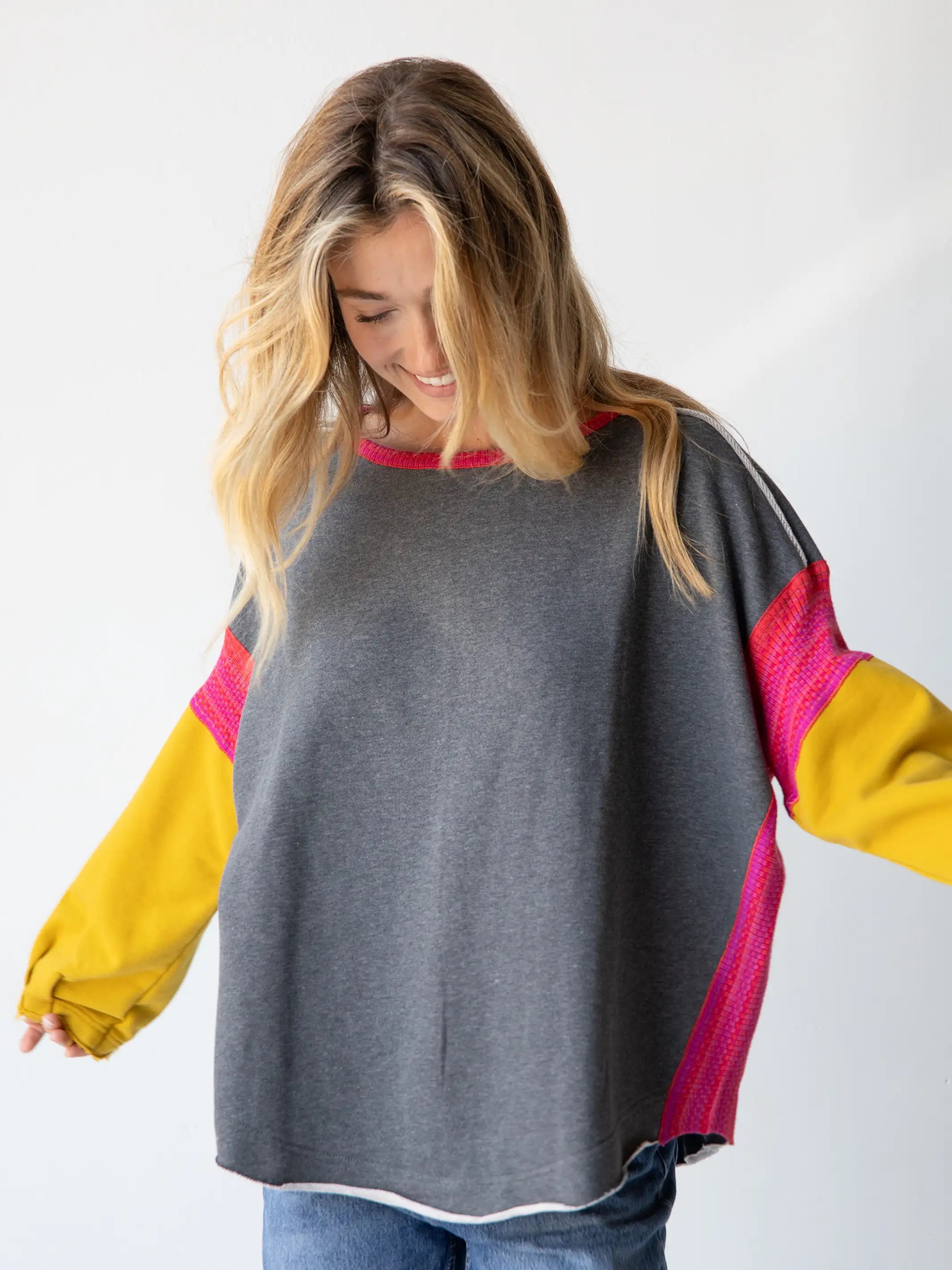 Knit Trim Sweatshirt - Grey Hoodie with Pastel Soft Subtle