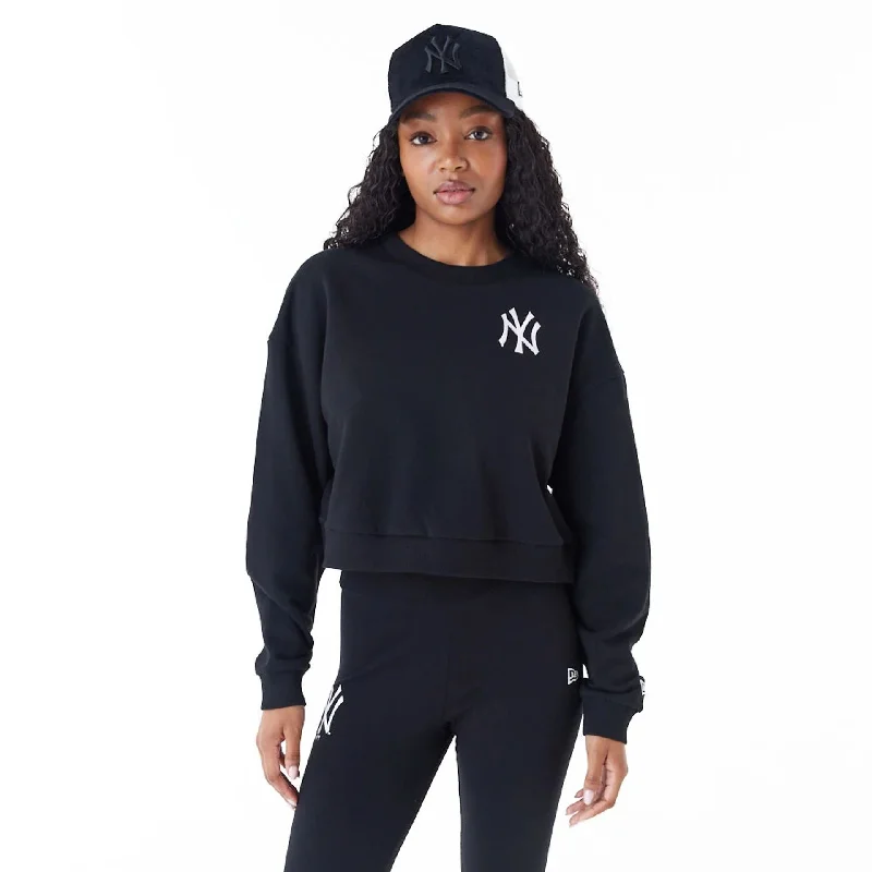New York Yankees Womens MLB Lifestyle Black Crop Crew Neck Sweatshirt Hoodie with Zipper Versatile Modern New York Yankees Womens MLB Lifestyle Black Crop Crew Neck Sweatshirt Hoodie with Zipper Versatile Modern