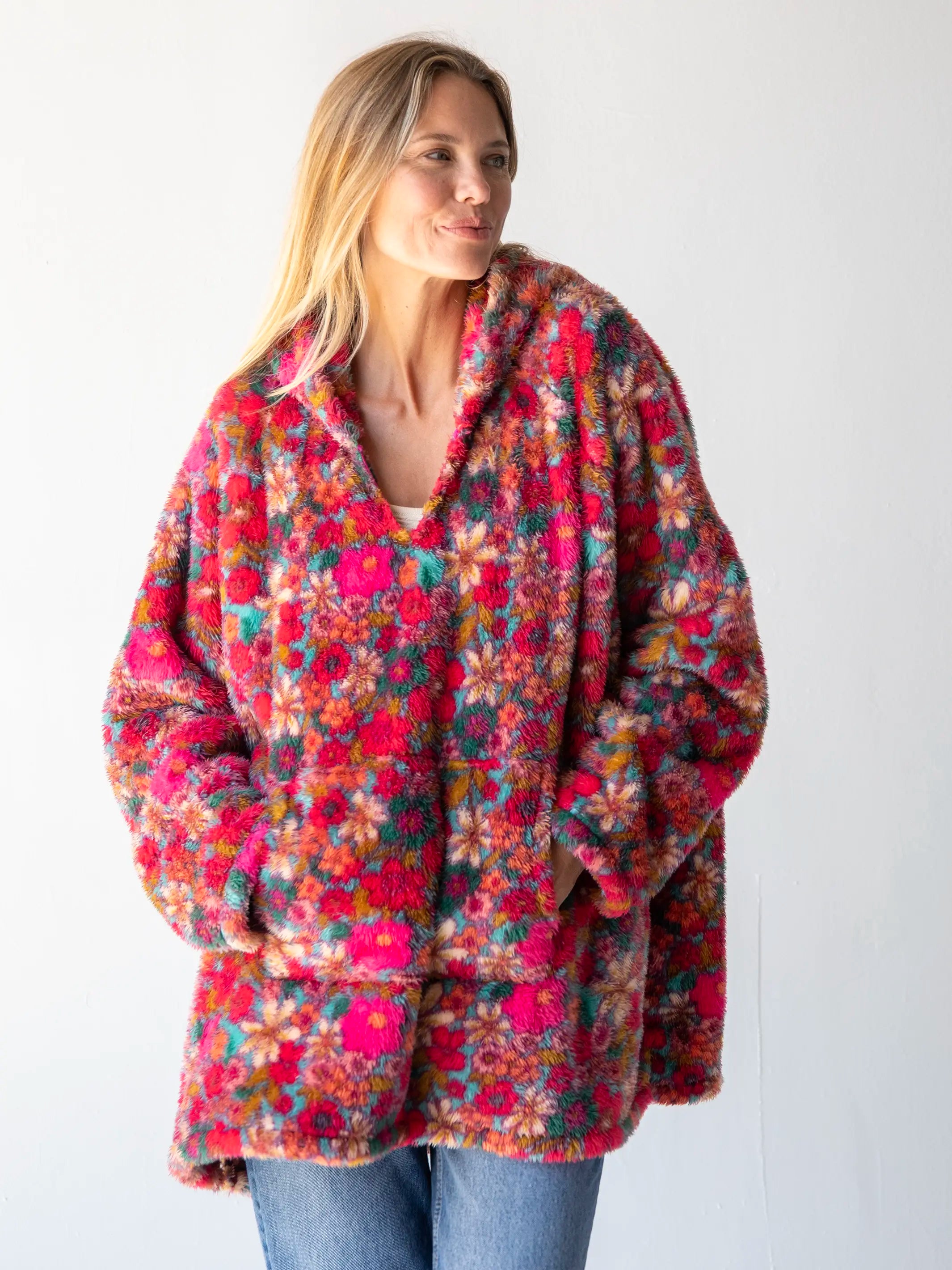Oversized Blanket Hoodie - Turquoise Pink Retro Floral Hoodie with Snap Buttons Easy Quick Oversized Blanket Hoodie - Turquoise Pink Retro Floral Hoodie with Snap Buttons Easy Quick