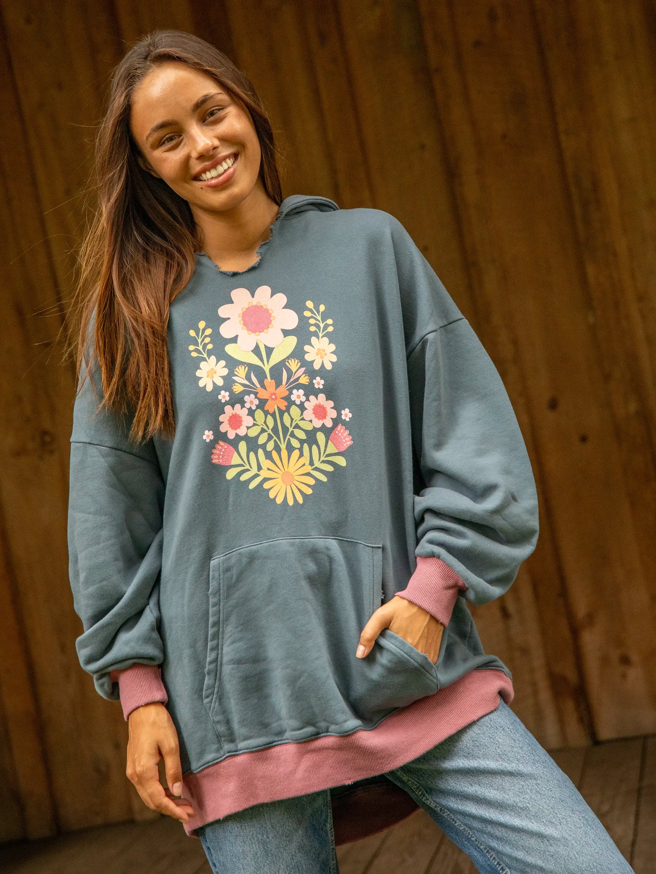 Oversized Graphic Sweatshirt - Washed Navy Folk Flower Hoodie with Side Slits Relaxed Casual Oversized Graphic Sweatshirt - Washed Navy Folk Flower Hoodie with Side Slits Relaxed Casual