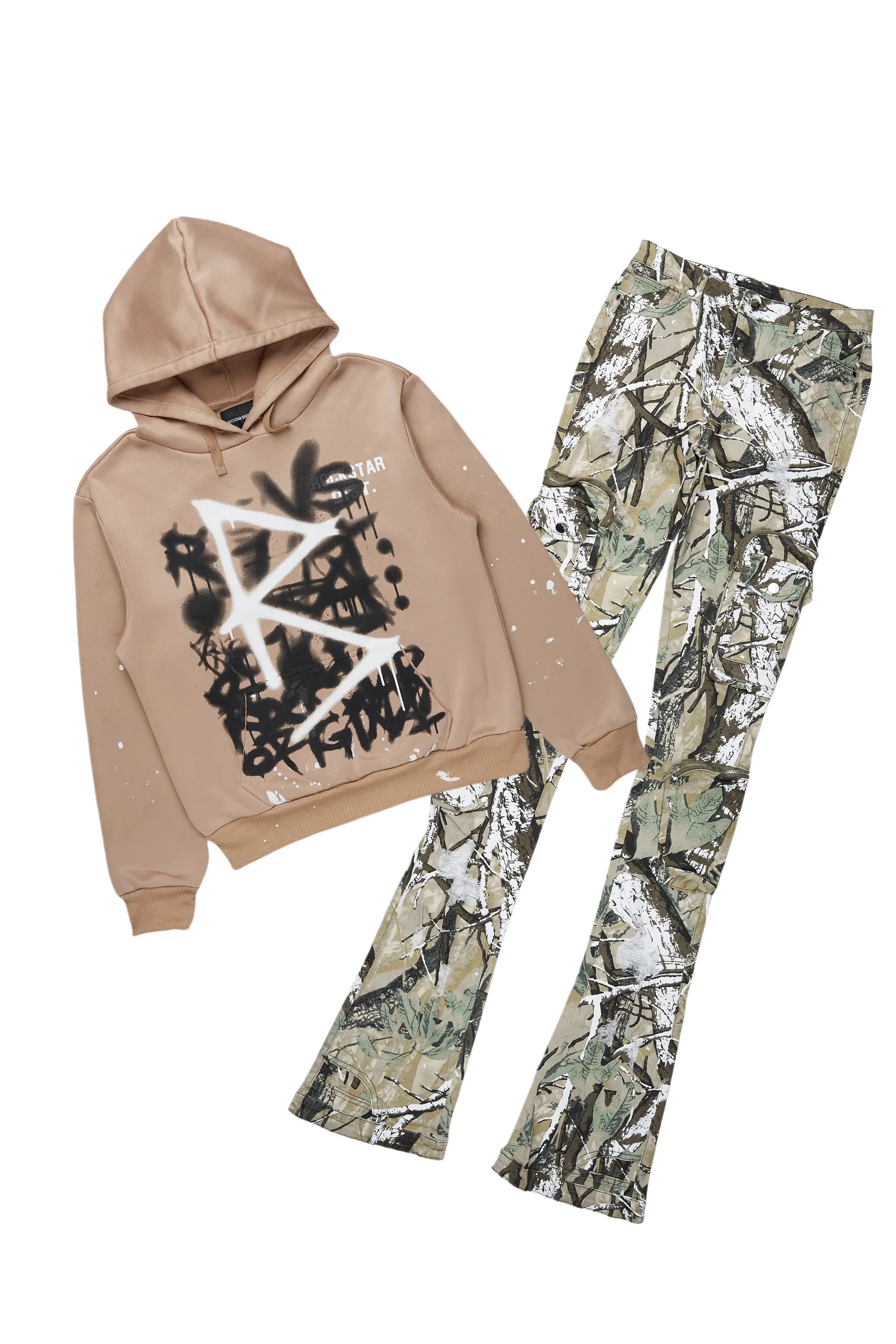 Javona Tan/Camo Hoodie/Super Stacked Jean Set Hoodie with High-Low Hem Asymmetrical Trendy Javona Tan/Camo Hoodie/Super Stacked Jean Set Hoodie with High-Low Hem Asymmetrical Trendy