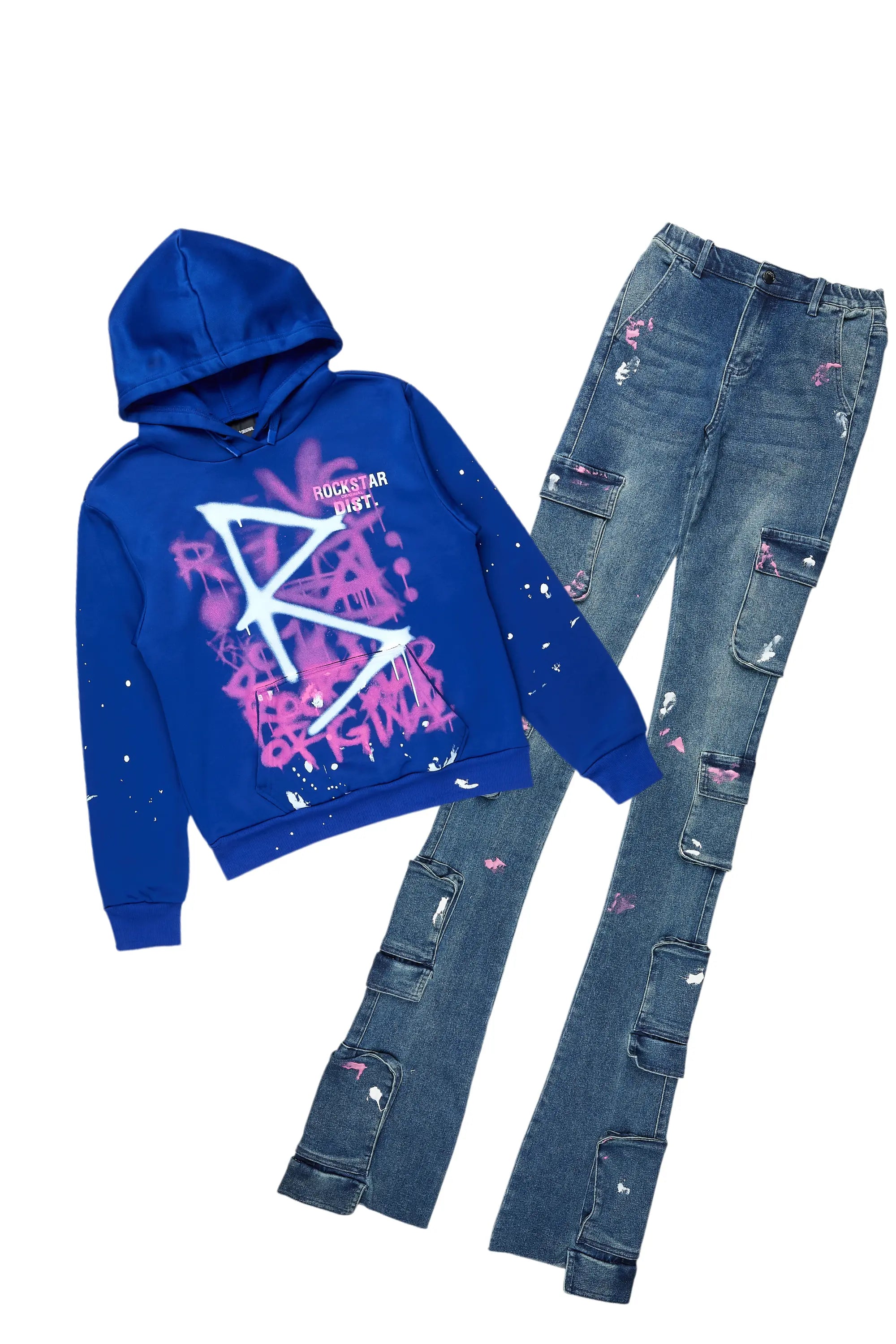 Deandra Blue Hoodie/Super Stacked Jean Set Hoodie with Raw Hem Edgy Unfinished