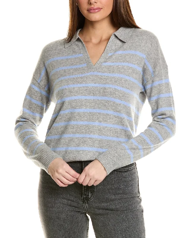 Amicale Cashmere Striped V-Neck Johnny Collar Cashmere Sweater