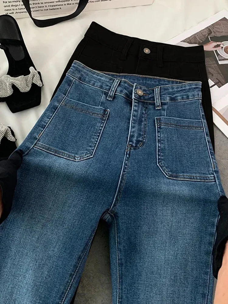 Classic High Waist Flare Jeans Women Vintage Pockets Stretch Slim Straight Trousers Trendy Acid Wash Skinny Jeans Classic High Waist Flare Jeans Women Vintage Pockets Stretch Slim Straight Trousers Trendy Acid Wash Skinny Jeans