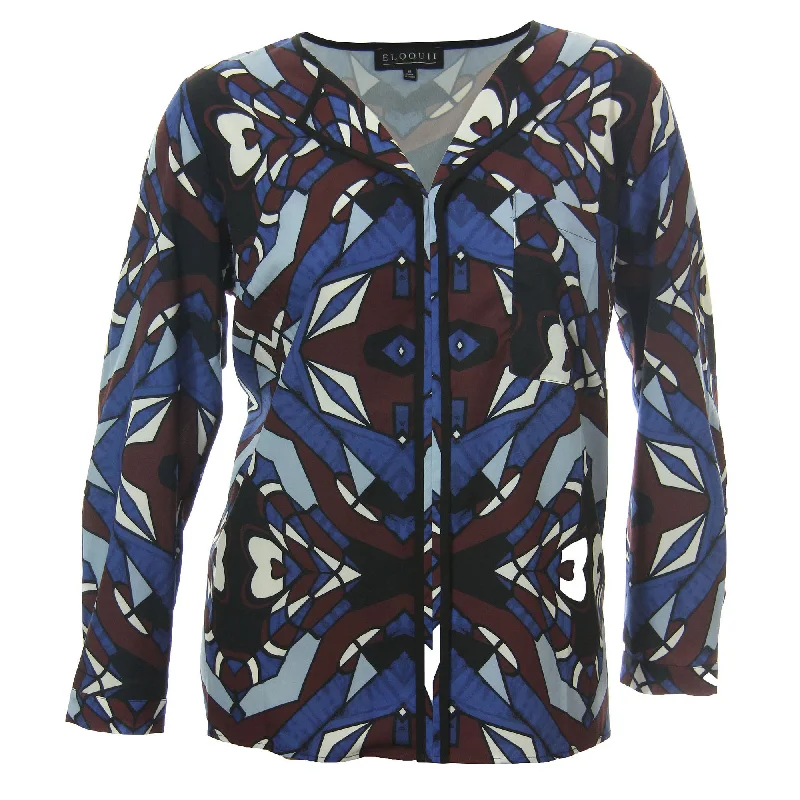 Eloquii Multi Color Print Long Sleeve Split Neck Blouse