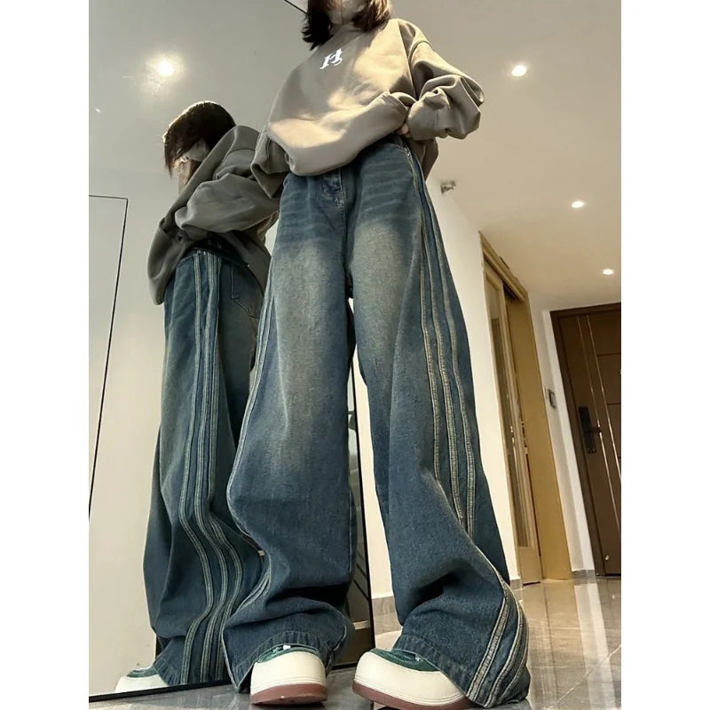 Fashion side stripe design micro flared jeans women autumn and winter high waist Stylish High-Rise Mom Jeans Fashion side stripe design micro flared jeans women autumn and winter high waist Stylish High-Rise Mom Jeans