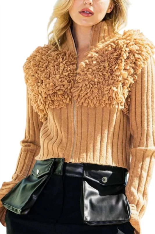 Furry Zip Up Sweater In Camel