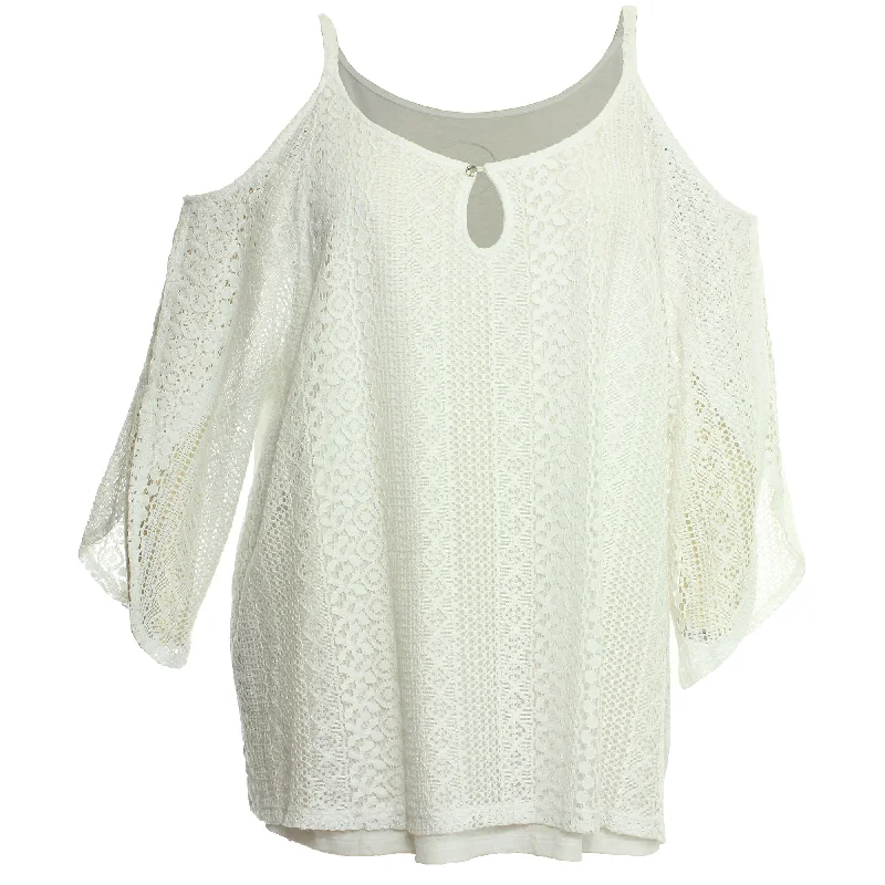 INC White Cold Shoulder Split Angel Wing Sleeve Lace Blouse