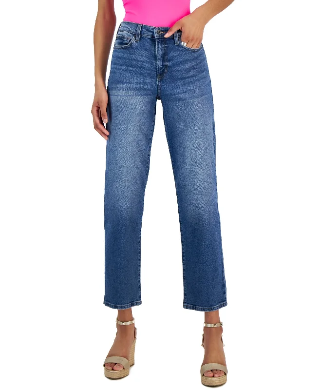 Juniors' High Rise Distressed Detailing Straight Jeans Comfortable Drawstring Waist Jeans Juniors' High Rise Distressed Detailing Straight Jeans Comfortable Drawstring Waist Jeans