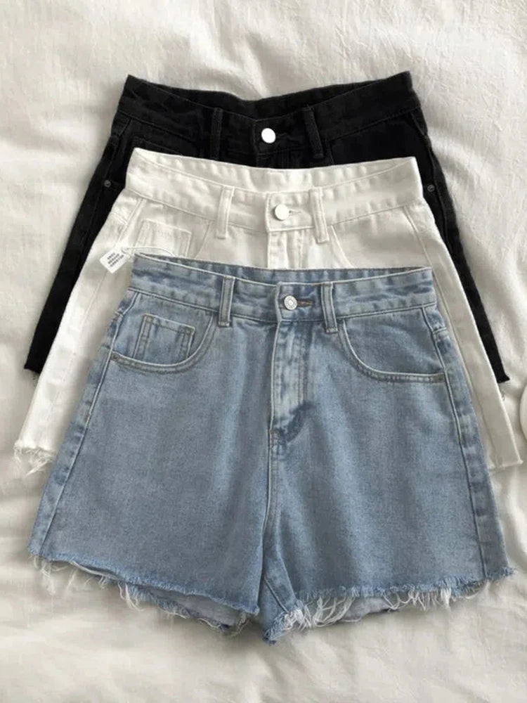 Korean High Waist Raw Edge Denim Shorts Women Summer Basic Button Pocket Jean Fashionable Vintage Wash Jeans Korean High Waist Raw Edge Denim Shorts Women Summer Basic Button Pocket Jean Fashionable Vintage Wash Jeans