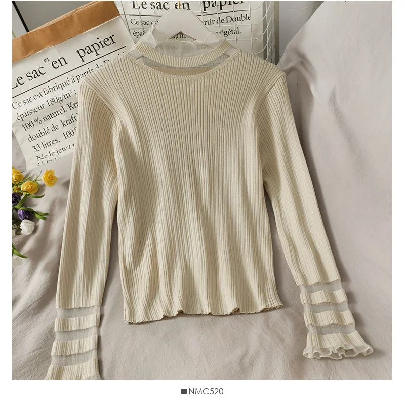 Mesh stitched wood ear edge half high neck long sleeve bottomed blouse  2025