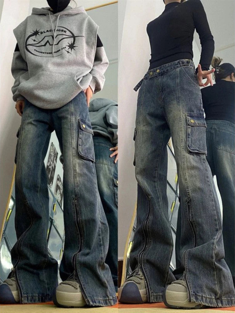 Punk Fashion Streetwear Zippers Pockets Y2k Pant High Waist Loose Wide Leg Jeans Comfortable Distressed Straight-Leg Jeans Punk Fashion Streetwear Zippers Pockets Y2k Pant High Waist Loose Wide Leg Jeans Comfortable Distressed Straight-Leg Jeans