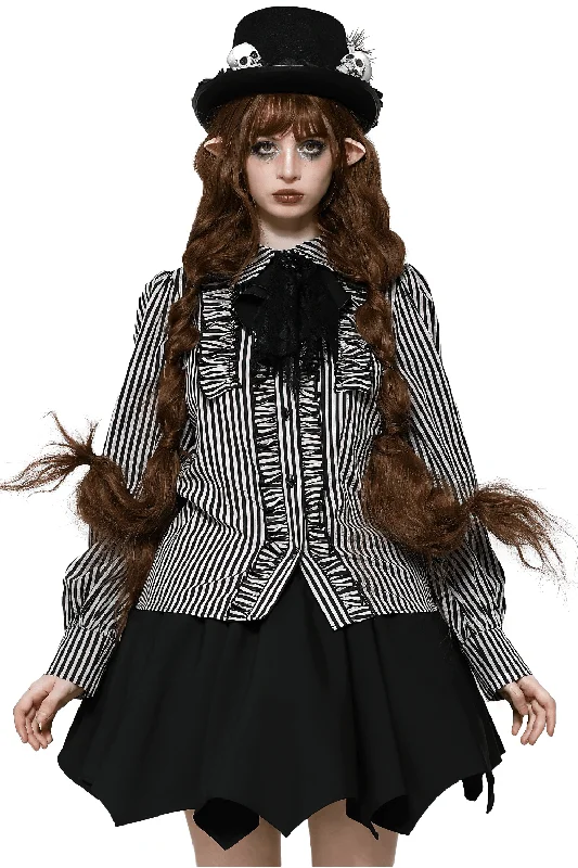 Striped Gothic Blouse with Lace Details and Skull Accent