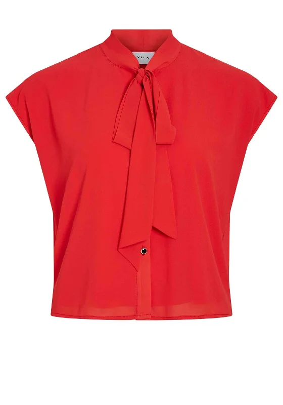 Vila Yasmin Pussy Bow Blouse, Tomato Red