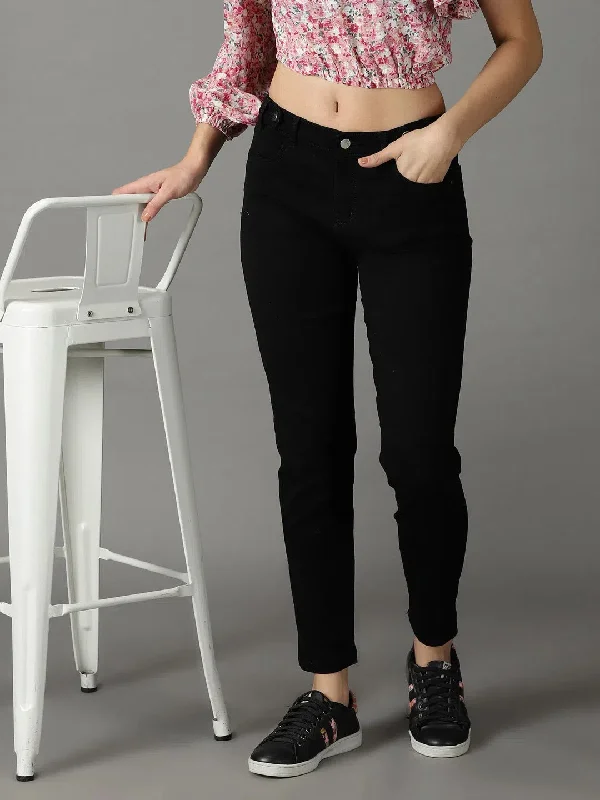 Women's Black Solid Mom Fit Denim Jeans-LT-MF-10369-Black Chic Double Waistband Jeans Women's Black Solid Mom Fit Denim Jeans-LT-MF-10369-Black Chic Double Waistband Jeans