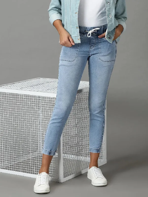 Women's Blue Solid Jogger Denim Jeans-CR-8088-Blue Trendy Flared Leg Jeans
