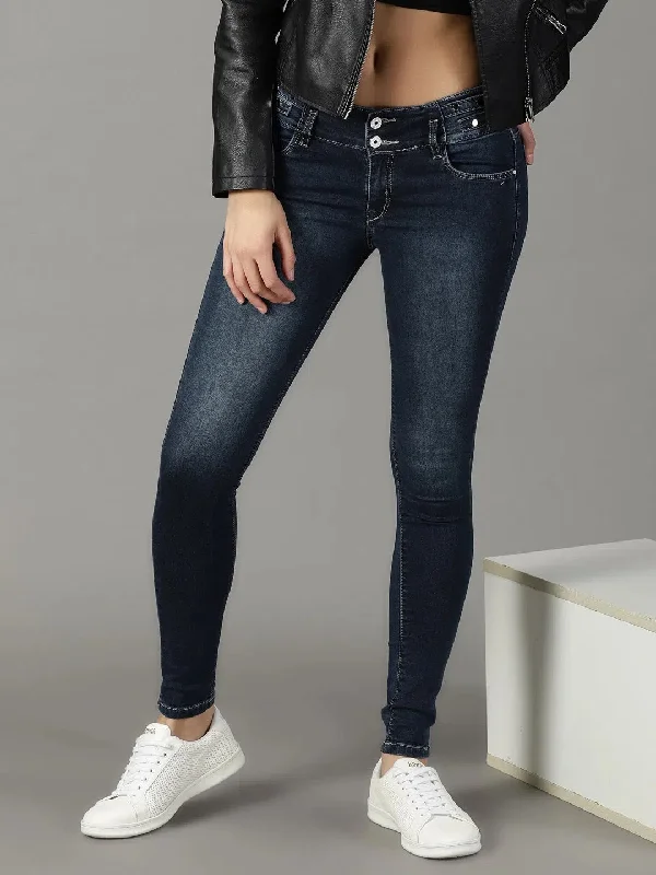 Women's Navy Blue Solid Skinny Fit Denim Jeans-CR-8007-1-Navyblue Chic Double Waistband Jeans Women's Navy Blue Solid Skinny Fit Denim Jeans-CR-8007-1-Navyblue Chic Double Waistband Jeans