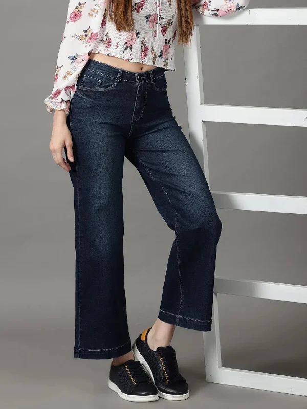 Women's Navy Blue Solid Wide Leg Denim Jeans-IM-10221-B-Navyblue Fashionable Vintage Wash Jeans Women's Navy Blue Solid Wide Leg Denim Jeans-IM-10221-B-Navyblue Fashionable Vintage Wash Jeans
