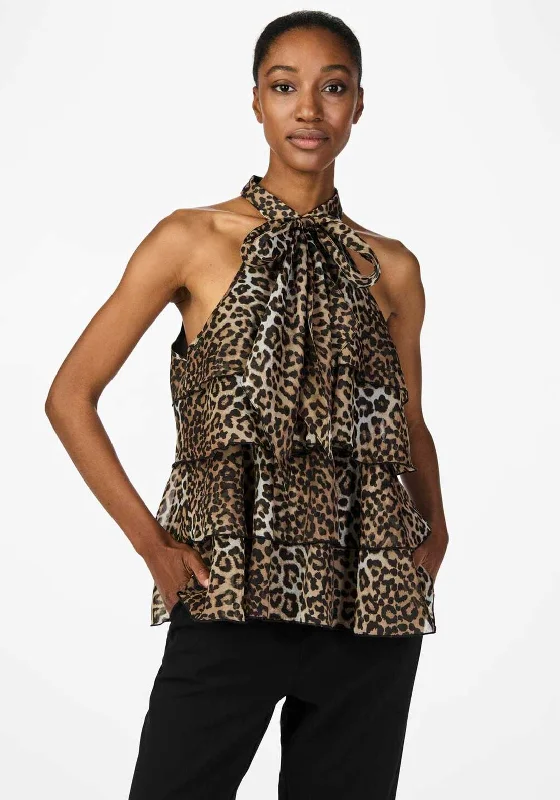 Y.A.S Eloise Halter Neck Tiered Blouse, Leopard