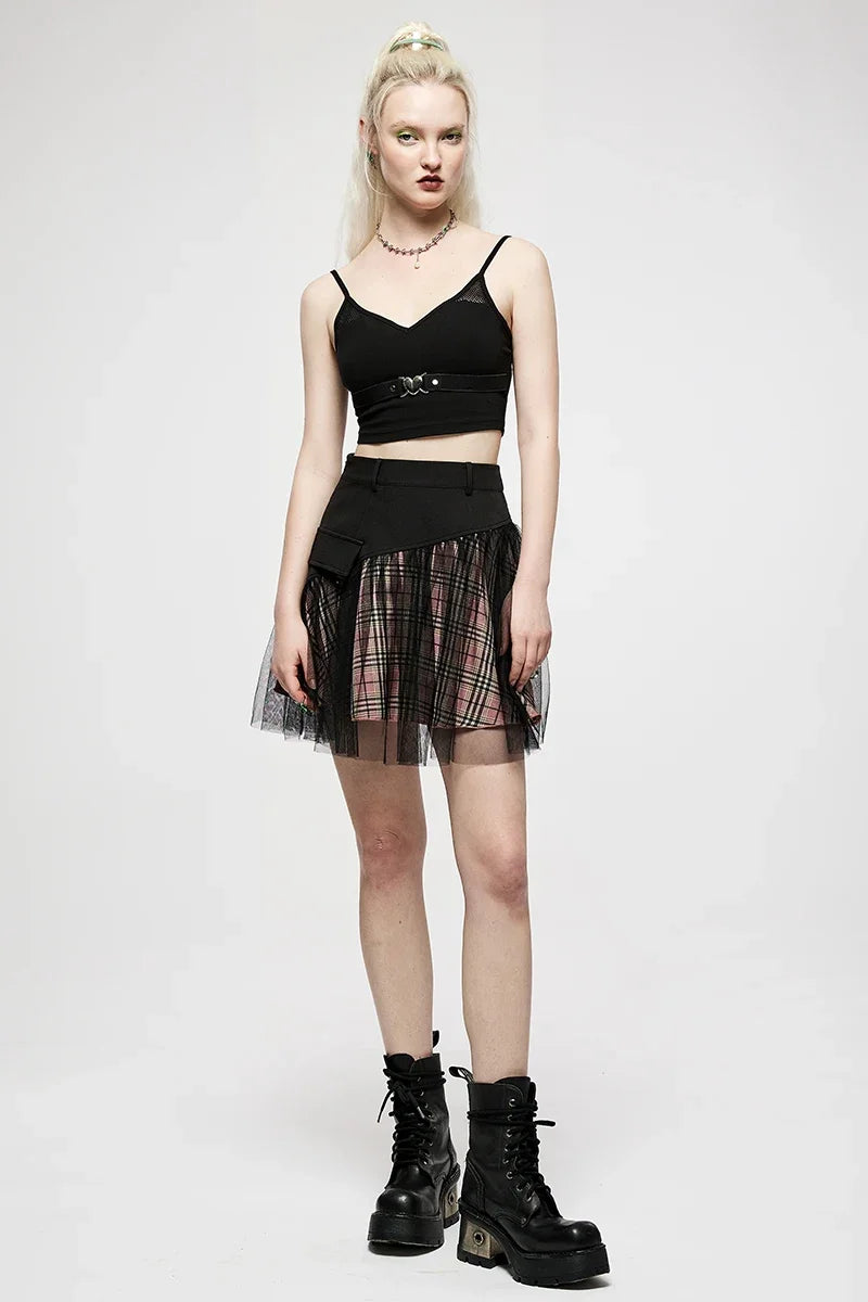 Women's Mesh Panel Plaid High Waist Short College Style Stitched A-line Youth Young Lady Mini Skirt