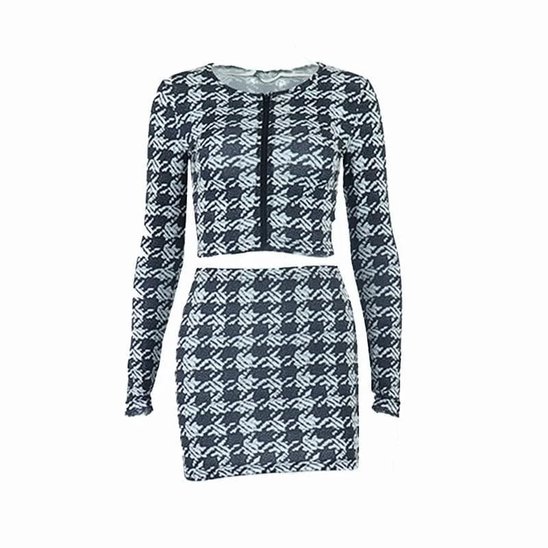 Long sleeve contrast plaid round neck zip-up skirt set - Final Sale