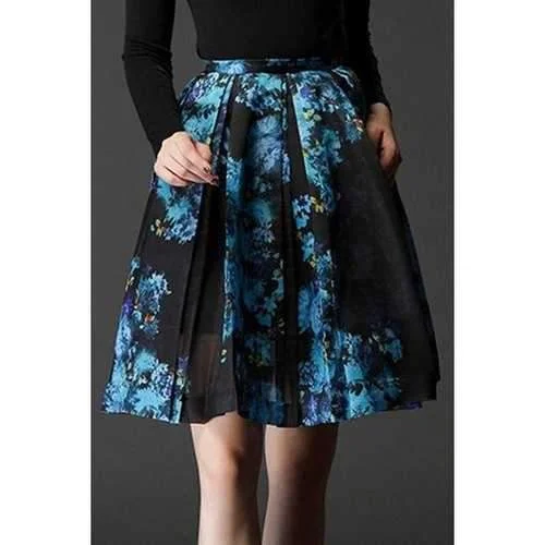 Stylish High-Waisted Blue Print A-Line Women's Midi Skirt - Blue Xs