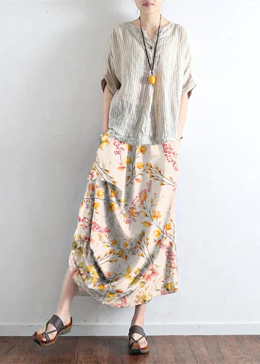 Yellow flower oversized linen skirts asymmetrical design elastic waist long skirt