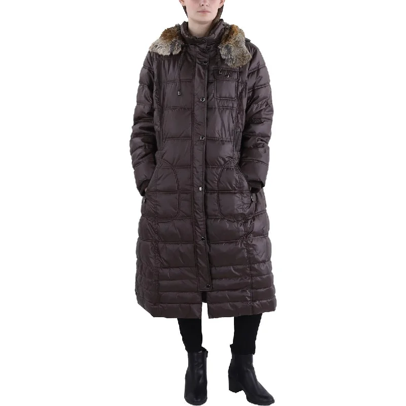 Plus Womens Faux Fur Trim Hooded Quilted Coat