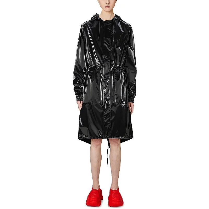 Womens Faux Leather Hooded Raincoat