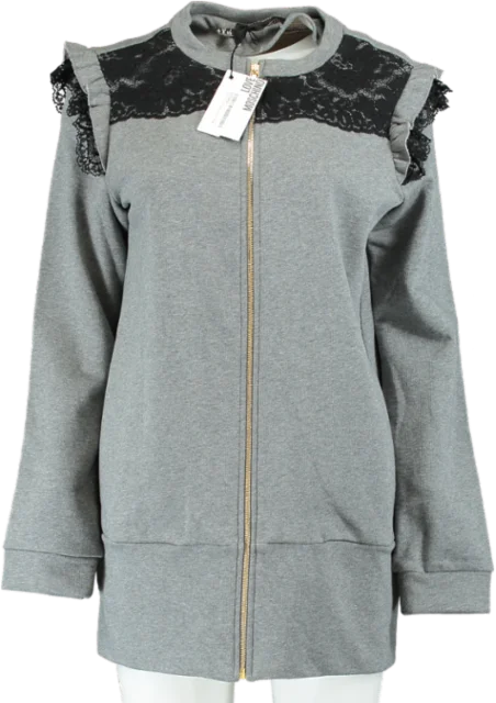 Love Moschino Grey Lace Trim Zip-Up Sweatshirt UK 12