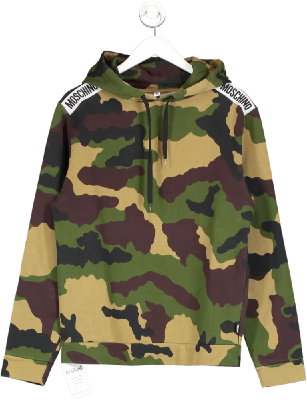 Moschino Green Camo Print Logo Tape Hoodie UK S