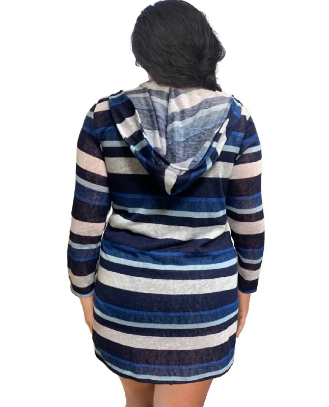 Plus Size Long Sleeve Hooded Cover Up Tunic In Blue Stripe